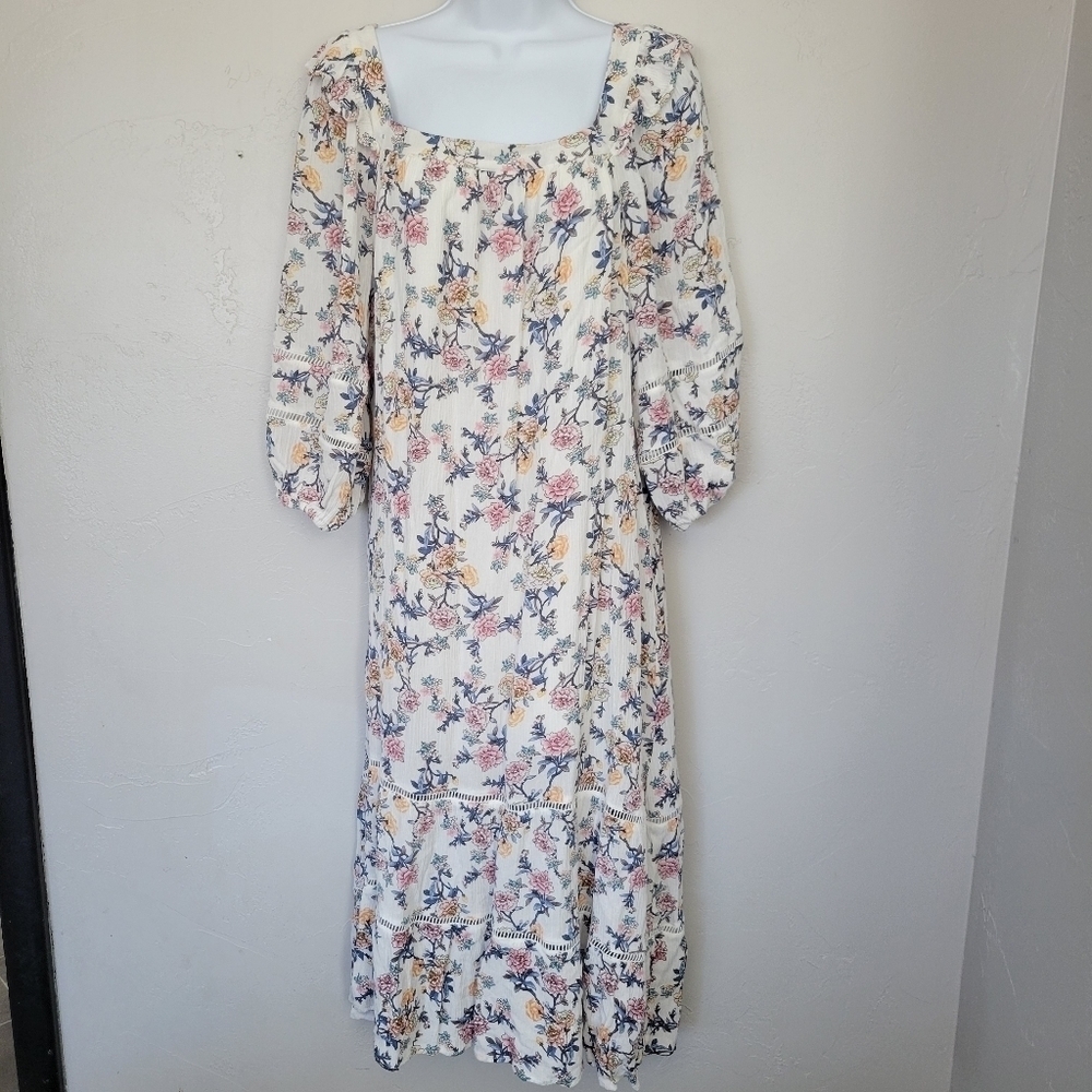 Calista Women's Medium White Boho Floral Dress Square Neck Oversized Cottagecore